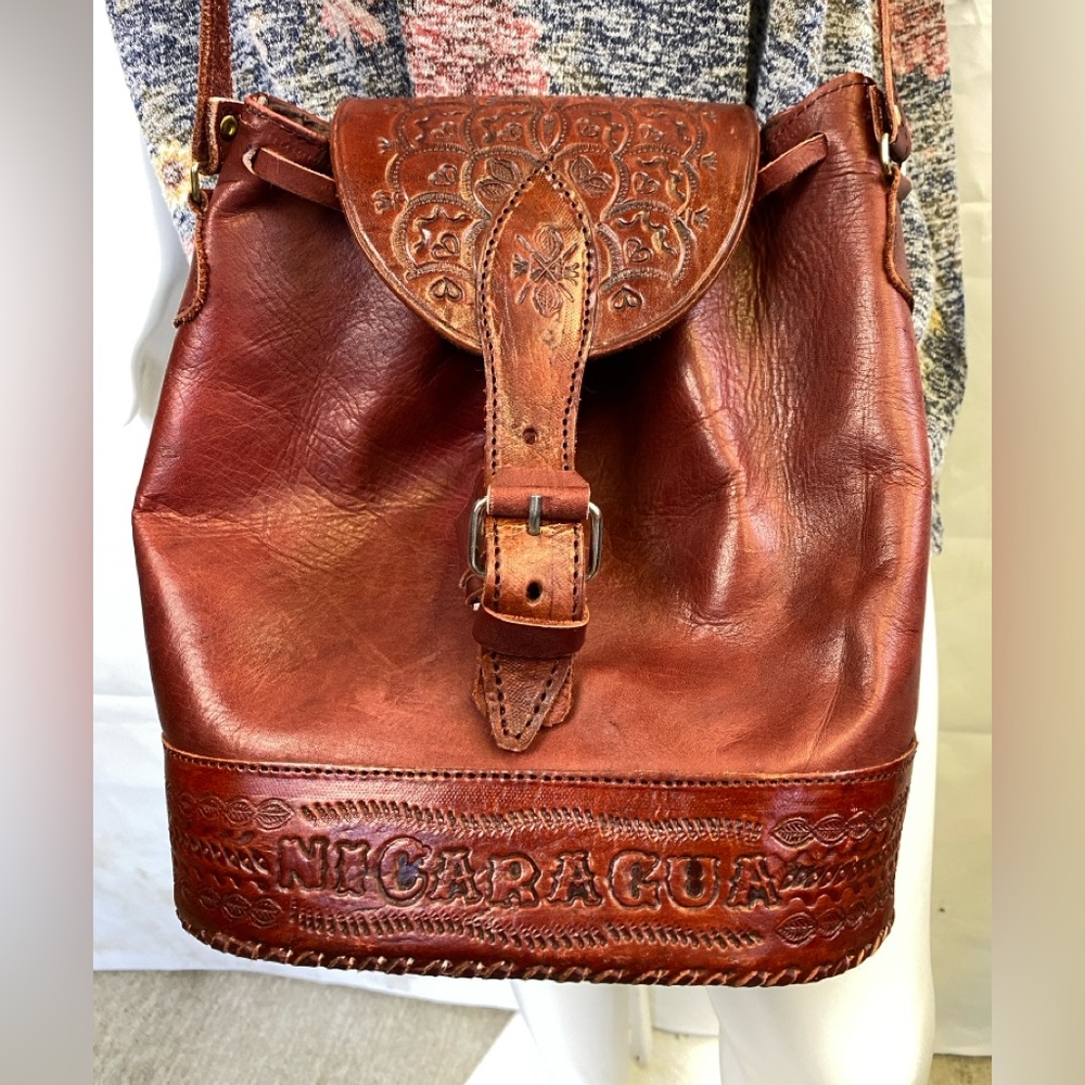 Nicaragua Vintage Hand Tooled, Rigid Leather, Cross Body, Bucket, Tooled Flap